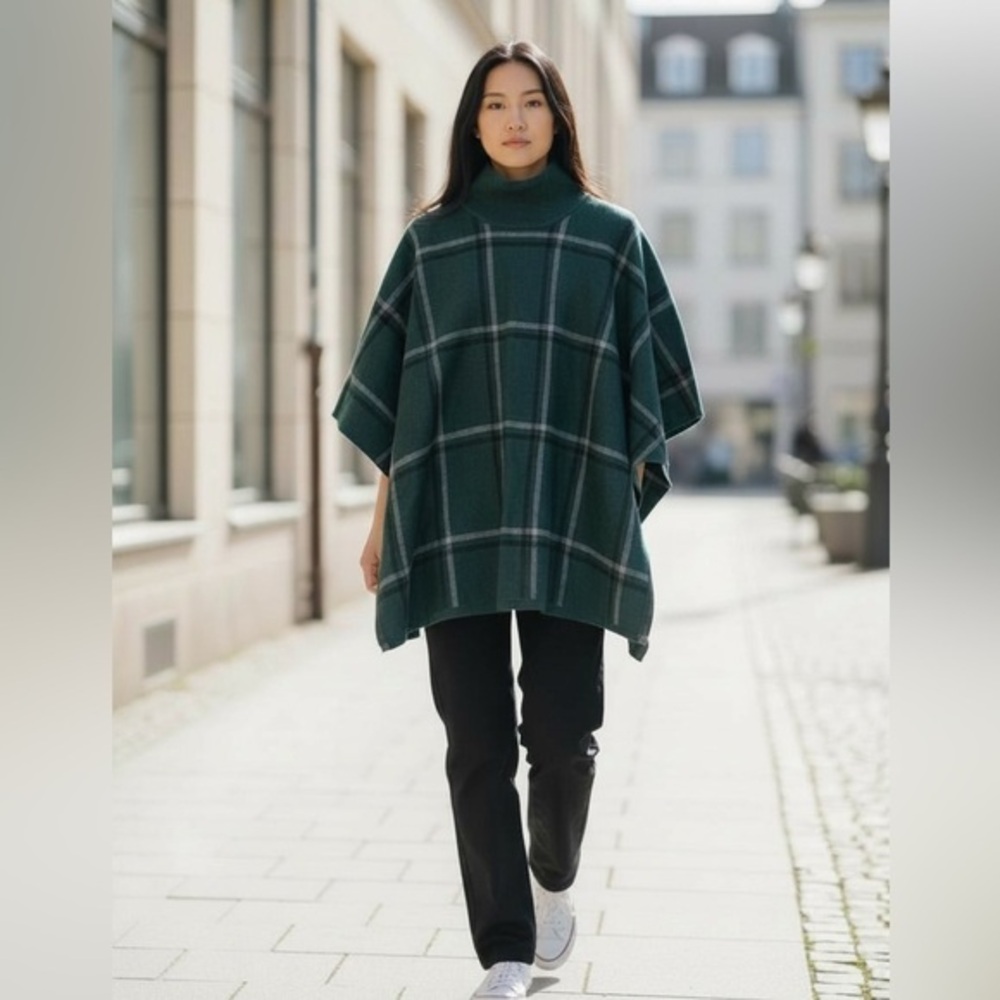 New with tag Max Studio green plaid open arms cape in one size fits all.